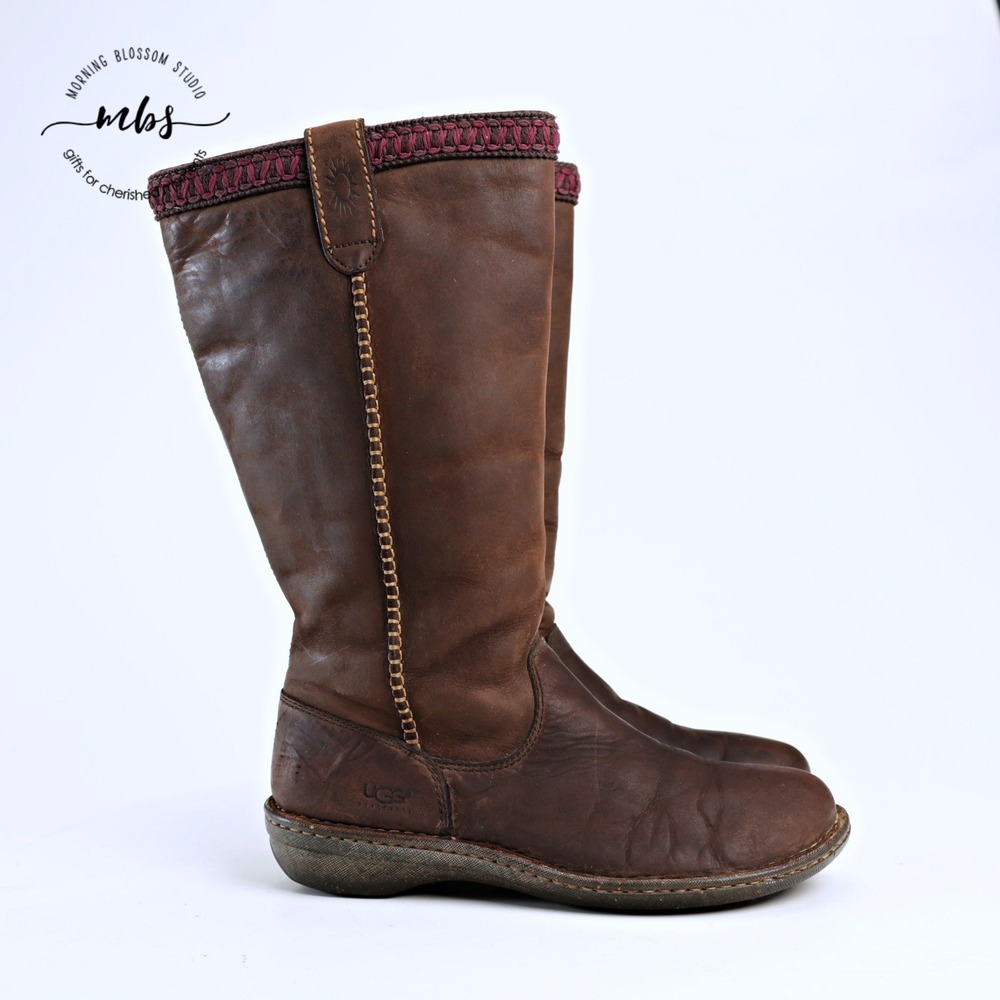 UGG‎ Swell Leather Knee High Sheepskin Boots Brown Women 9